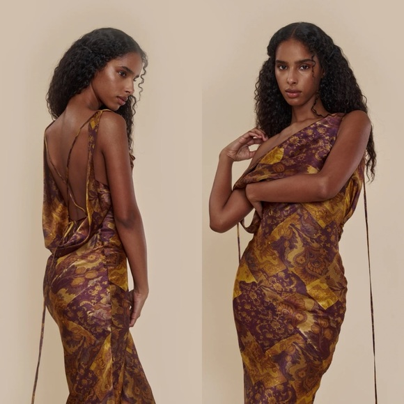green emerald velvet dress Shona Joy La Lune One Shoulder Cowl Back Maxi Dress in Tan